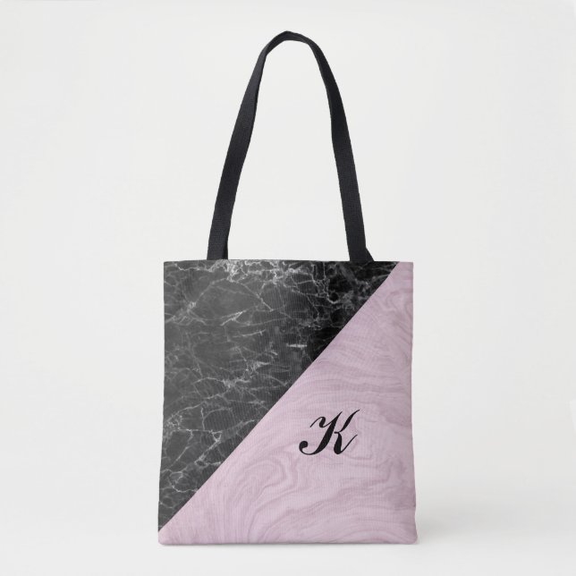 Tote Bag Chic Elegant noir marbre rose Monogramme (Devant)