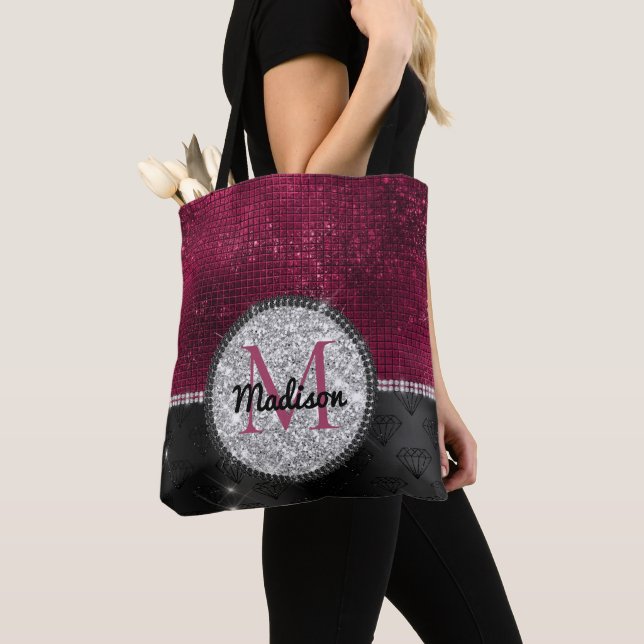 Tote Bag Chic faux Parties scintillant argent Bourgogne noi (De près)