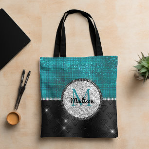 Tote Bag Chic faux Parties scintillant argent Turquoise noi