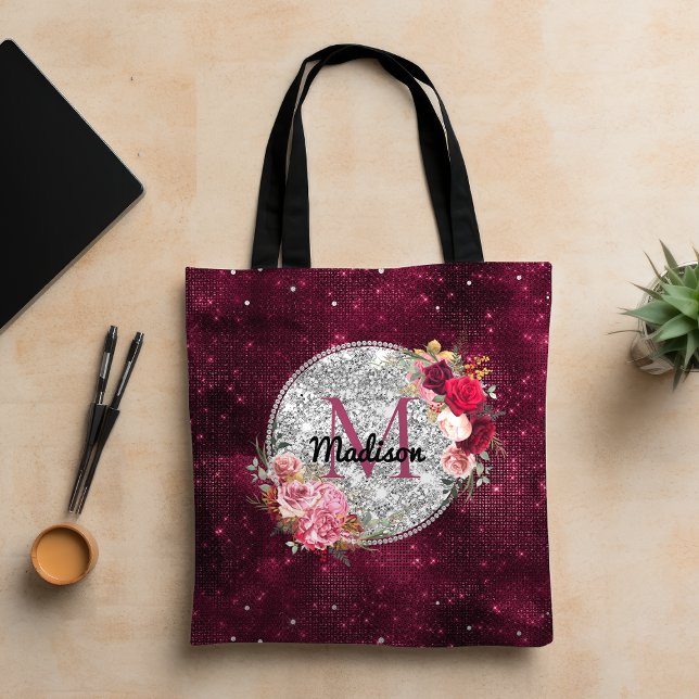 Tote Bag Chic faux Silver Glitter Burgundy Floral monogram (Créateur téléchargé)