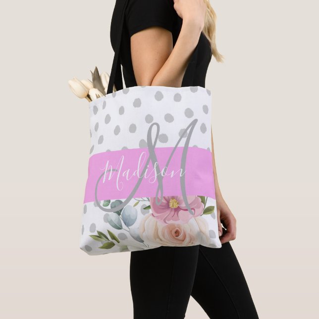 Tote Bag Chic & Girl Floral Blanc rose Gris Nom (De près)