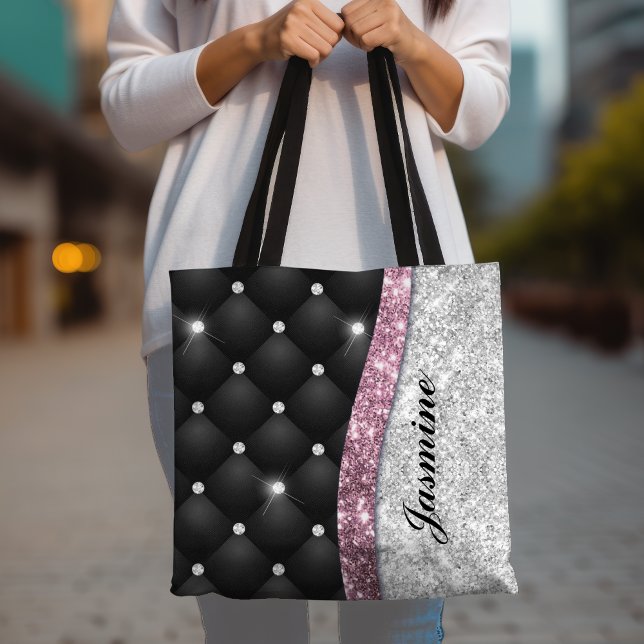 Tote Bag Chic girly faux Silver glitter black pink monogram (Créateur téléchargé)