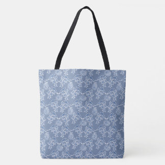Tote Bag Chic Indigo Blue Floral Faux Lace Motif