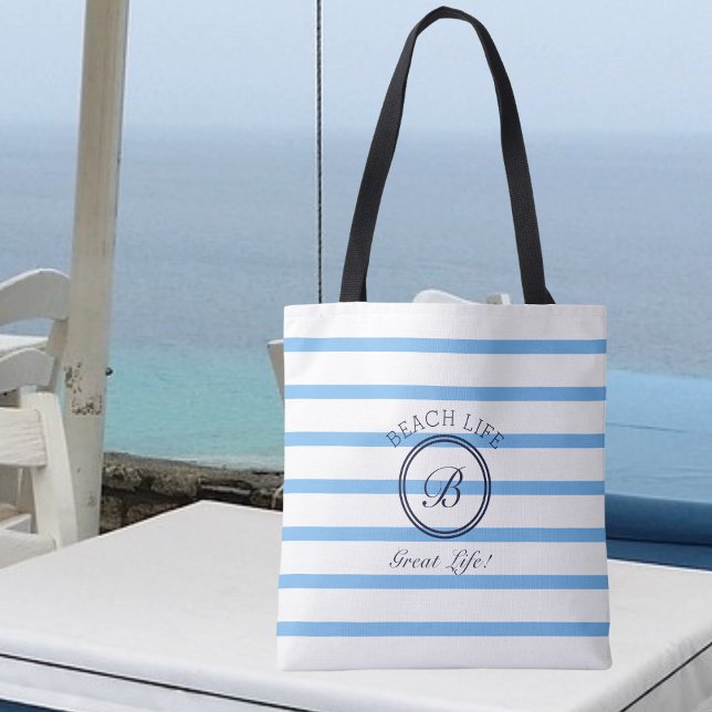Tote Bag Chic Monogramme Bleu et Blanc Strited Beach Life (Créateur téléchargé)