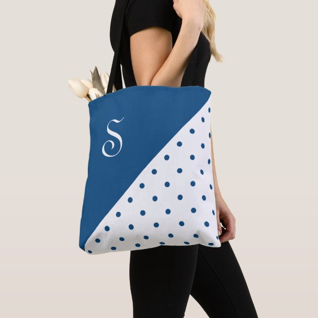 Tote Bag Chic Monogramme Bleu Polka Pot Géométrique (De près)