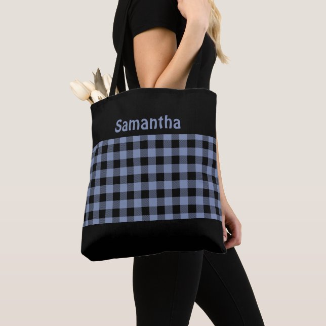 Tote Bag Chic Monogramme carreaux de bœuf noirs et bleus Te (De près)