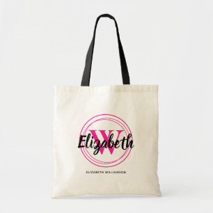 Tote Bag Chic Monogramme initiale rose chaud Écriture Nom