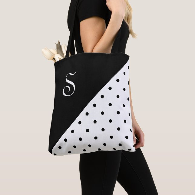 Tote Bag Chic Monogramme noir blanc Polka point géométrique (De près)