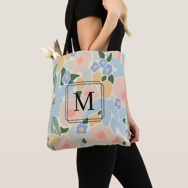Tote Bag Chic Monogramme nuances de Motif de fleurs bleu ro (De près)