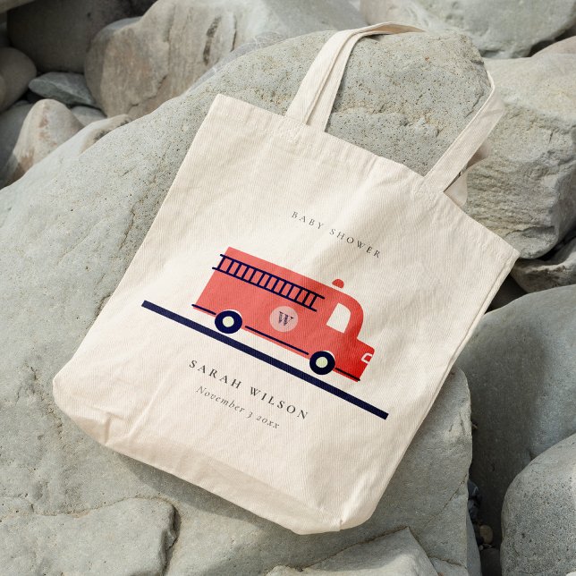 Tote Bag Chic Red Navy Baby shower de moteur de camion-feu (Créateur téléchargé)