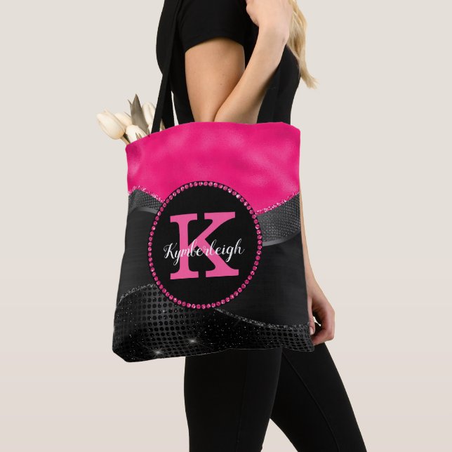 Tote Bag Chic Rose Noir Gris Vagues Glam Monogramme Nom (De près)