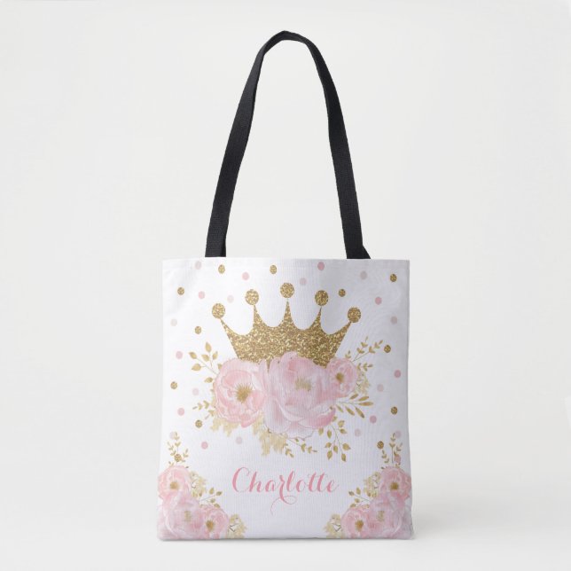 Tote Bag Chic Royal Gold Crown + Blush Pink Floral Princess (Devant)