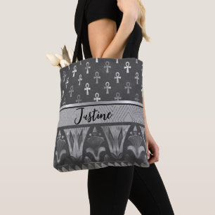 Tote Bag Chic Silver Ankh Cross égyptien Lotus Personnalisé