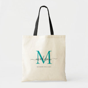 Tote Bag Chic Vert sarcelle Noir Monogramme Initiale Nom Sc
