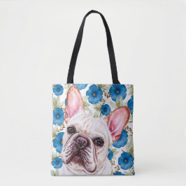 Tote Bag Chien blanc mou sur Motif de fleurs bleues