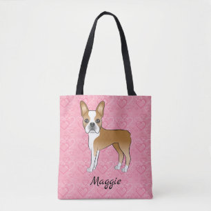 Tote Bag Chien Boston Terrier Fauve Et Blanc Sur Coeurs Ros