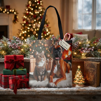 Tote Bag Chien Boxer et Chat de Noël