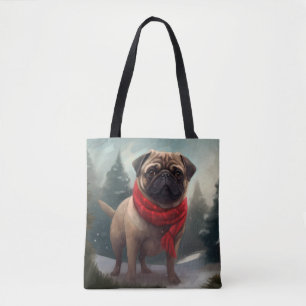 Tote Bag Chien de carlin en Noël de neige