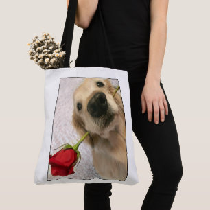 Tote Bag Chien de golden retriever avec le rose rouge