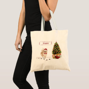 Tote Bag Chien de Noël poméranien drôle avec arbre