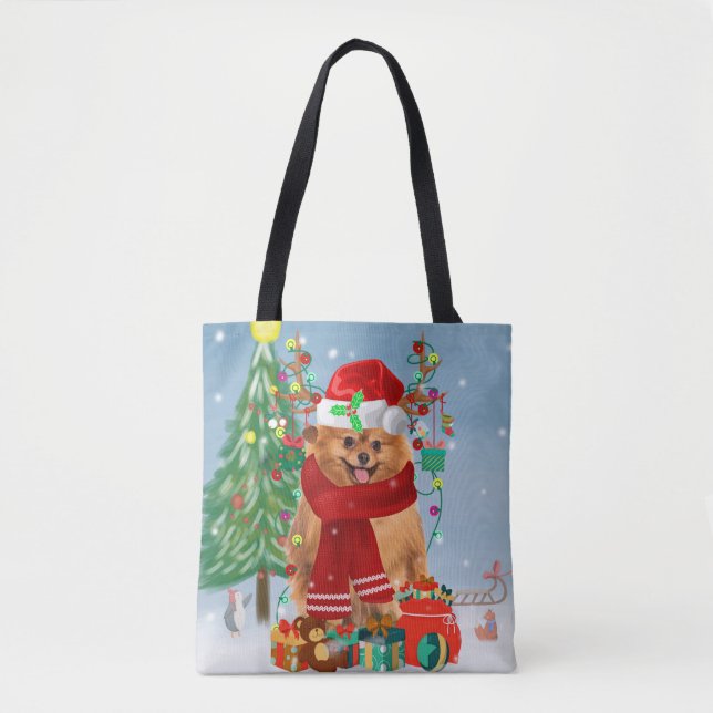 Tote Bag Chien de Poméranie avec cadeaux de Noël (Devant)