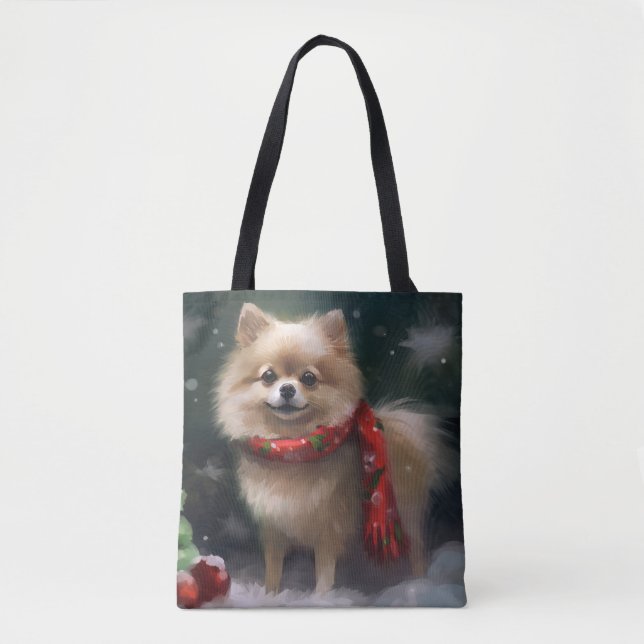 Tote Bag Chien de Poméranie en Noël de neige (Devant)