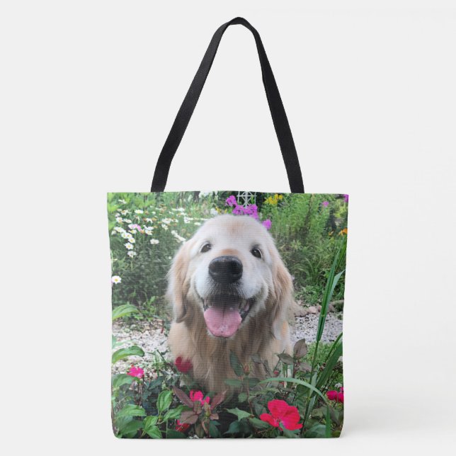 Tote Bag Chien doré souriant parmi les fleurs (Devant)