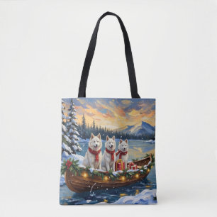 Tote Bag Chien Esquimau Américain Blanc Noël Bateau Fêtes