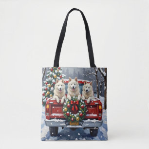 Tote Bag Chien Esquimau Américain Camion Rouge de Noël Vaca