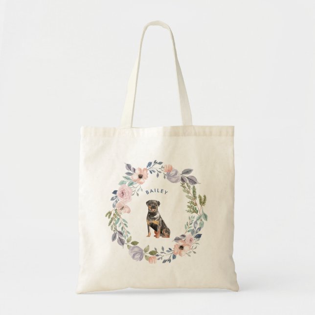 Tote Bag Chien floral de rottweiler de la jolie aquarelle | (Devant)