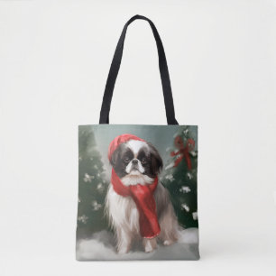 Tote Bag Chien Japonais Chin dans la neige de Noël