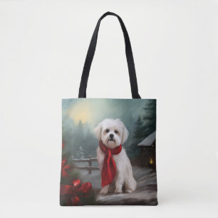 Tote Bag Chien maltais dans la neige de Noël