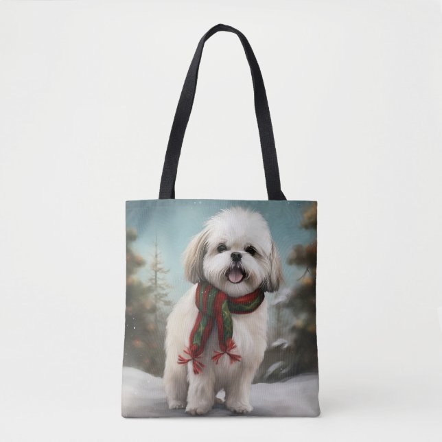 Tote Bag Chien Malti Tzu à Noël de neige (Devant)
