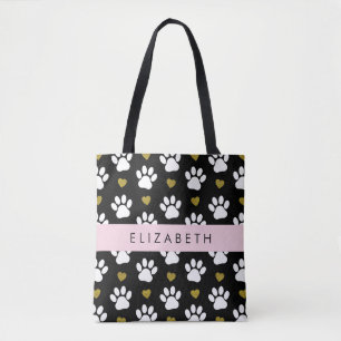 Tote Bag Chien Paws, White Paws, Gold Hearts, Votre Nom