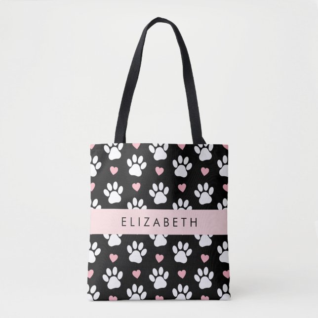 Tote Bag Chien Paws, White Paws, Rose Hearts, Votre Nom (Devant)