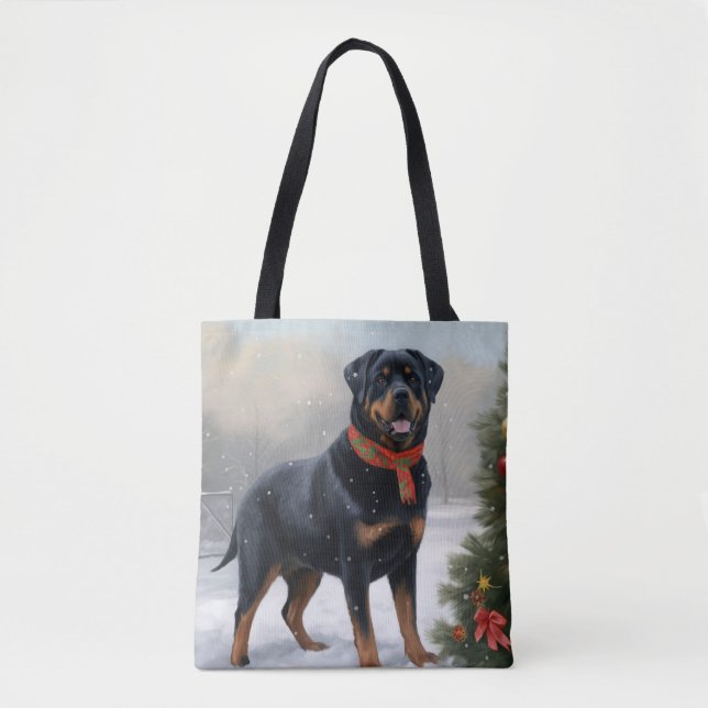 Tote Bag Chien Rottweiler pendant Noël de neige (Devant)