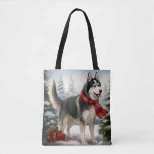 Tote Bag Chien sibérien Husky à Noël de neige