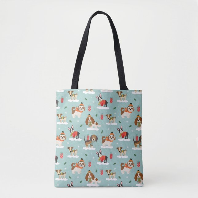 Tote Bag Chiens de Noël en Motif d'Écharpes douillettes (Devant)