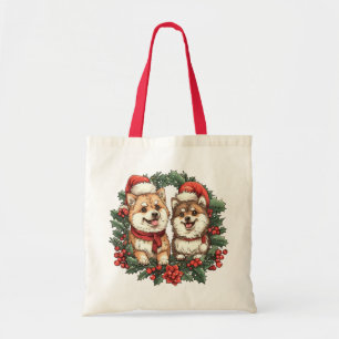 Tote Bag Chiens de Noël Poméraniens Mistletoe Wreath