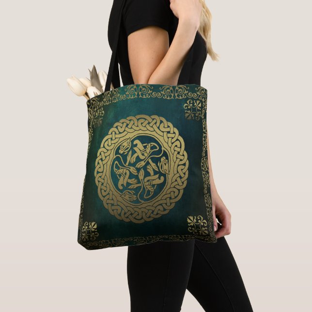 Tote Bag Chiens de noeud celtique foncé Washed Green Gold (De près)