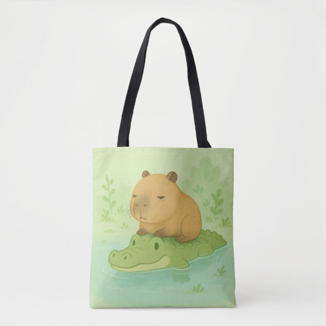 Tote Bag Chill Brown Capybara sur le crocodile vert dans la (Devant)