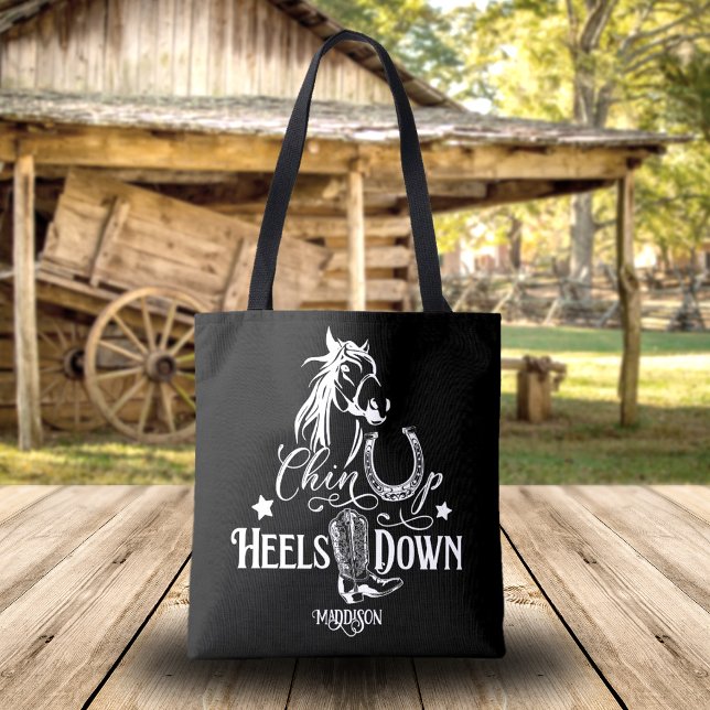 Tote Bag Chin up talons bas cowgirl cheval amoureux équitat (Personalized cowgirl tote bag, quote: Chin up, heels down. Horse lover, western riding, horse.)