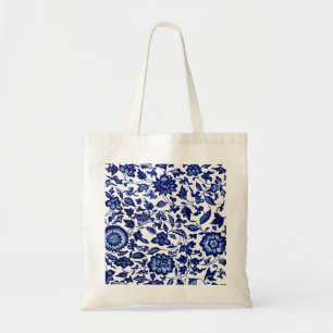 Tote Bag Chinois bleu marine foncé motif floral sur blanc