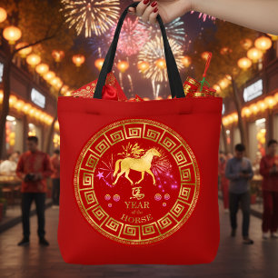 Tote Bag Chinois Zodiac Horse Rouge/Or ID542