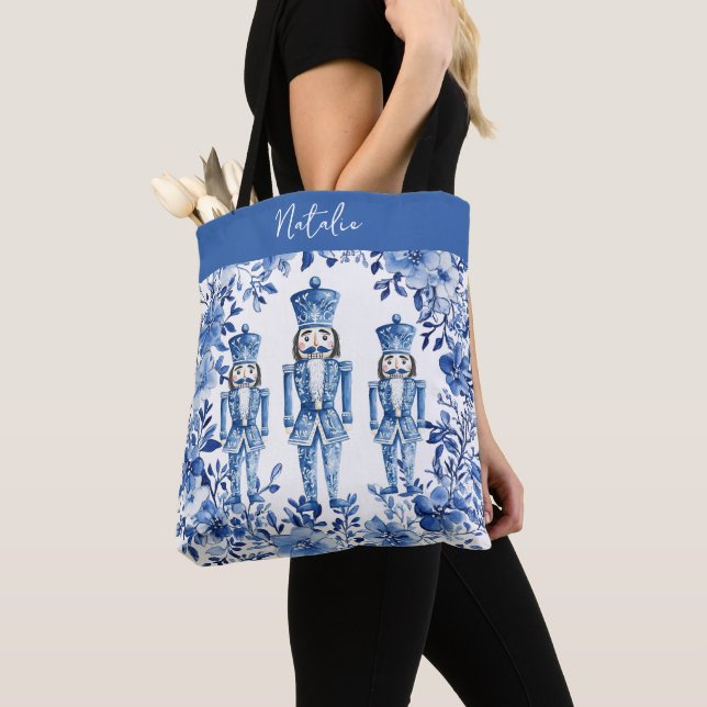Tote Bag Chinoiserie Bleu Blanc Floral Noisette de Noël (De près)