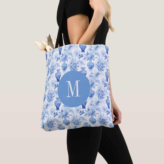 Tote Bag Chinoiserie Bleu & Blanc Vases Florales Monogramme (De près)