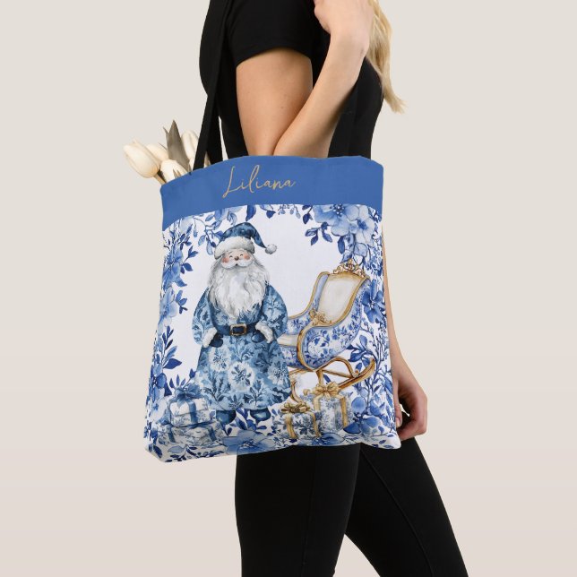 Tote Bag Chinoiserie Blue White Floral Christmas Santa (De près)