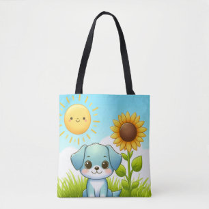 Tote Bag Chiot adorable avec tournesol et soleil souriant
