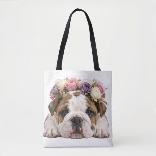 TOTE BAG CHIOT ANGLAIS BULLDOG FLORAL ADORABLE