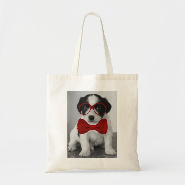 Tote Bag Chiot blanc noir mignon en Cravate et lunettes rou (Devant)
